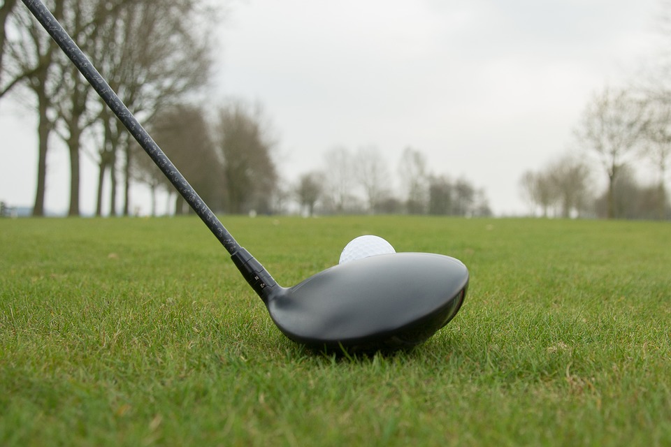 an image of a golf club and ball in the golf course
