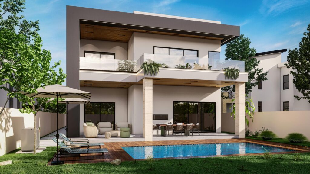 modern luxury home with pool and patio